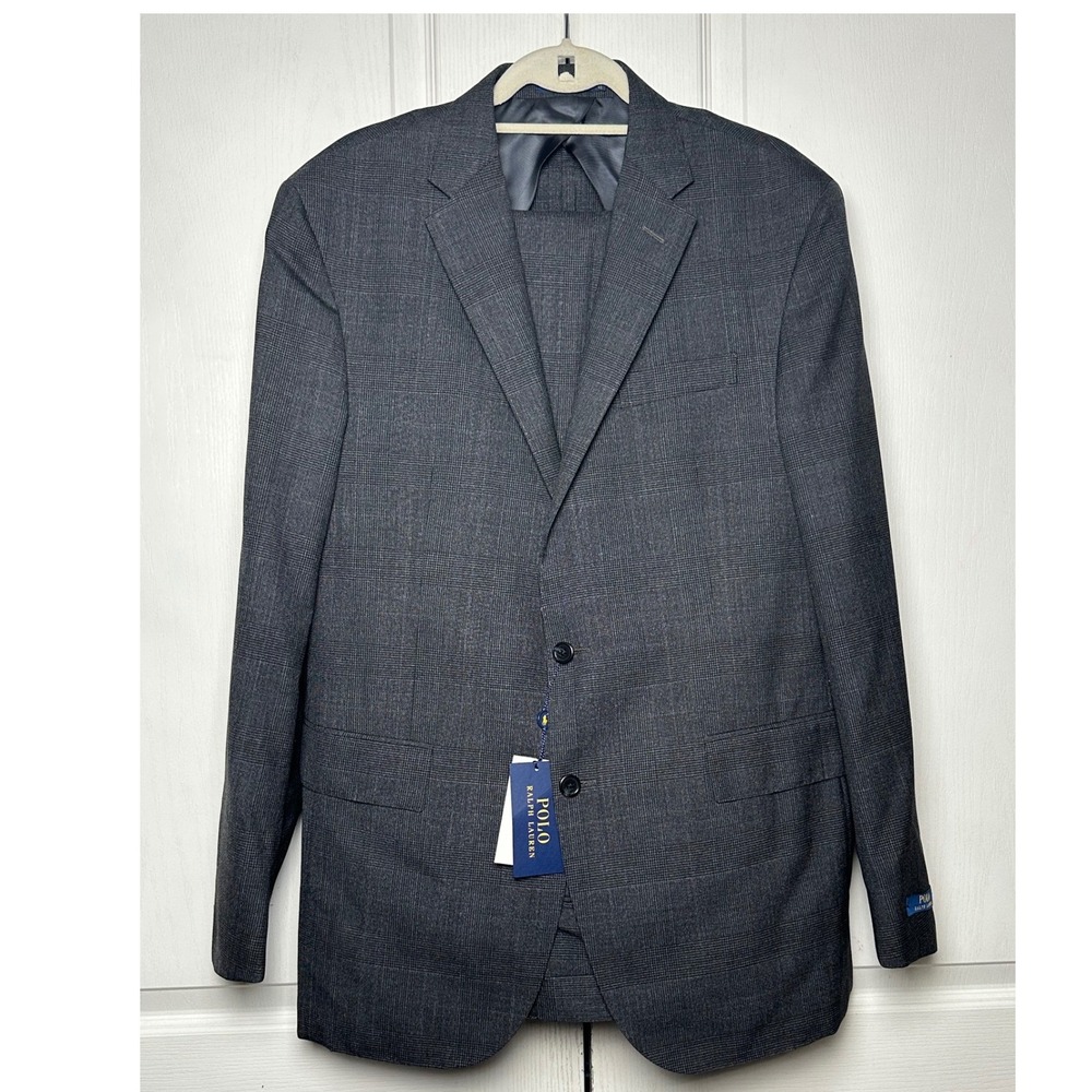 Polo Ralph Lauren Custom Fit Suit Grey Glen Plaid 2-Button Wool Blazer Pant 44L